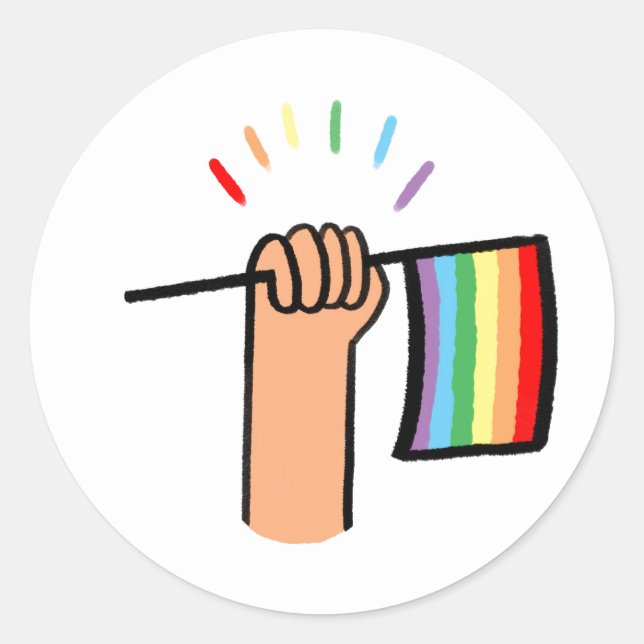 Handgezogenes Hand Waving a Rainbow Flag Runder Aufkleber (Vorderseite)