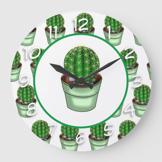 Handgezogenes Haus Cacti Große Wanduhr (Vorderseite)