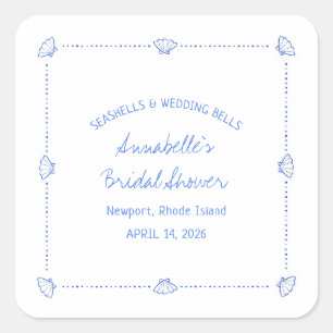 Handgezogenes Muscheln- und Hochzeitsglocken-Braut Quadratischer Aufkleber