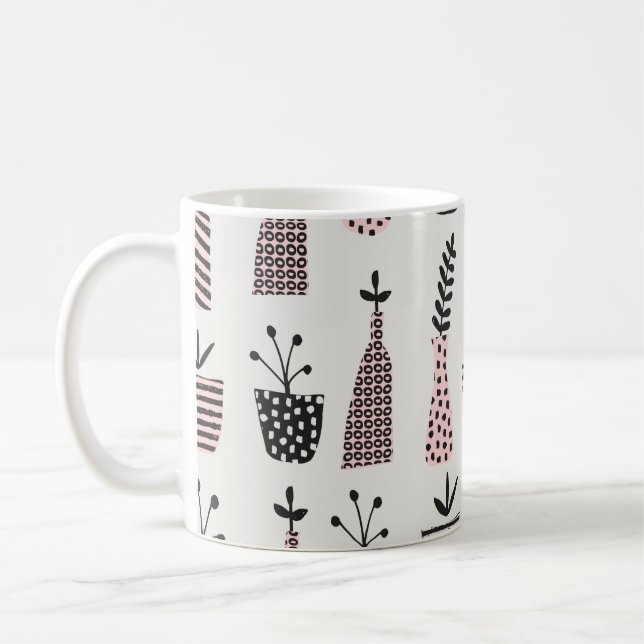 Handgezogenes, nahtloses Muster mit Pflanze in Sch Kaffeetasse (Links)