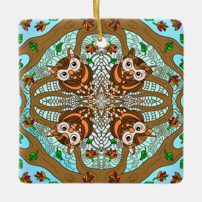 Handgezogenes Owl Mandala Keramikornament (Vorderseite)