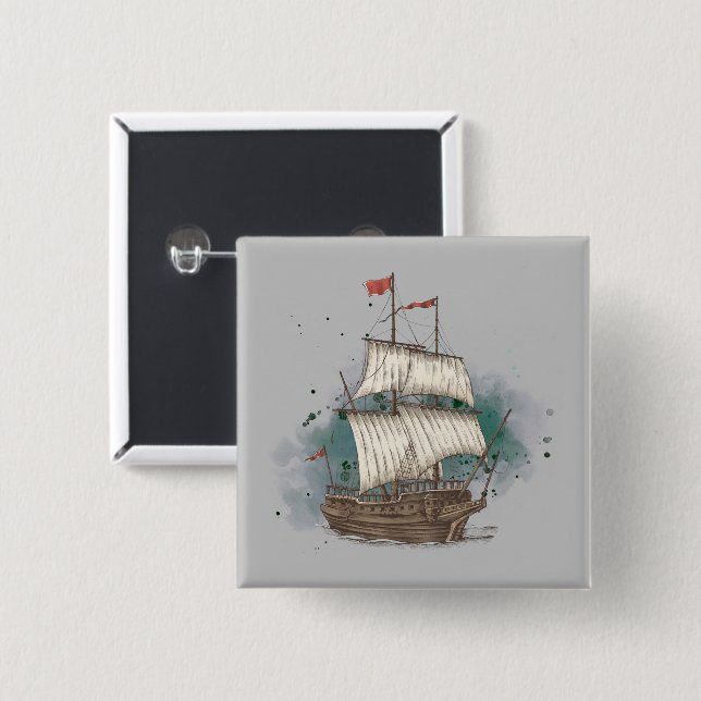 Handgezogenes Schiff mit Bow-Welle auf Splash-Hint Button (Vorne & Hinten)