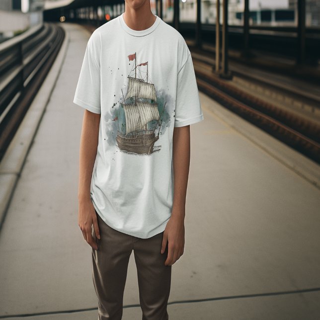 Handgezogenes Schiff mit Bow-Welle auf Splash-Hint T-Shirt (Hand Drawn Ship T-Shirt)