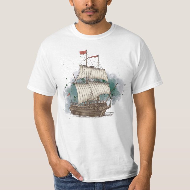 Handgezogenes Schiff mit Bow-Welle auf Splash-Hint T-Shirt (Vorderseite)