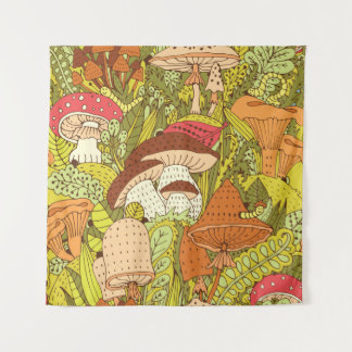 Handgezogenes Waldmuster mit verschiedenen Arten  Wandteppich