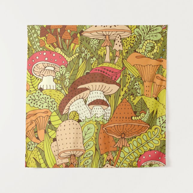 Handgezogenes Waldmuster mit verschiedenen Arten  Wandteppich (Vorderseite)