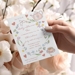 Handgezogenes Whimsical Baby Dusche Tee Party lade Postkarte