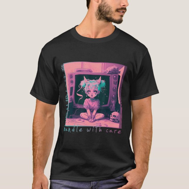 Handhabung mit Care Pastel Goth Kawaii Anime Menhe T-Shirt (Vorderseite)