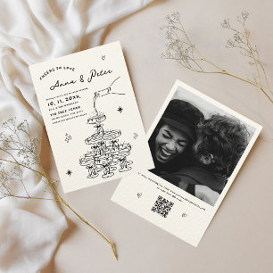 Handillustrierte Champagner-Turm-Foto-QR-Hochzeit Einladung