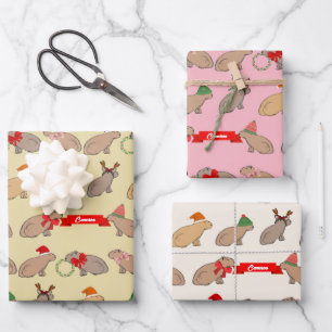 Handillustrierter Capybara Süßer Retro-Weihnachten Geschenkpapier Set