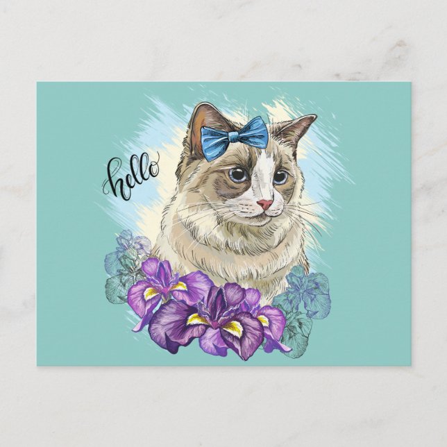 Handkopie zeichnend Niedliche Katze mit Blume Postkarte (Vorderseite)