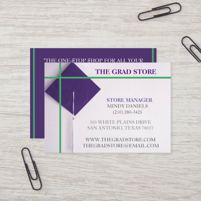 Händlerübersicht für grüne und Lila Abschlüsse Visitenkarte (Vorderseite/Rückseite Beispiel)