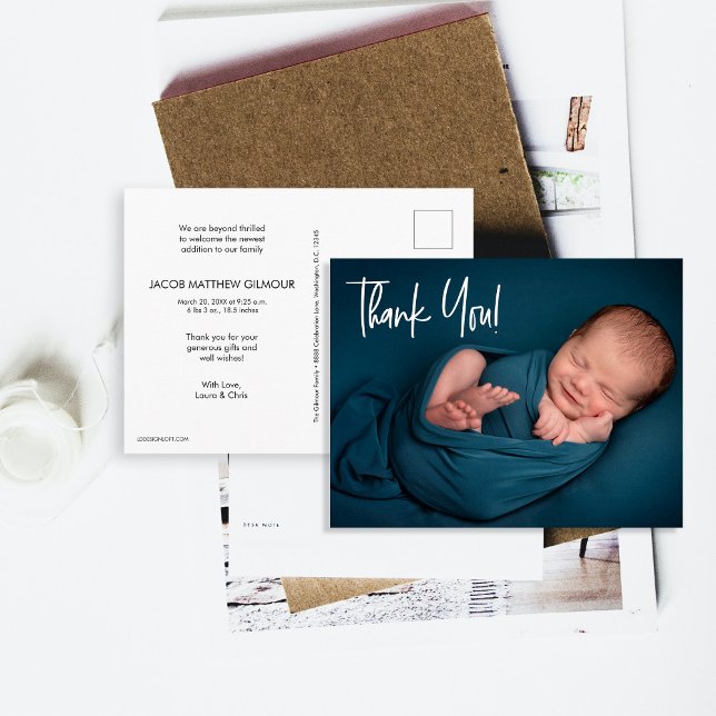 Handlettering Baby Boy Photo baby shower thank you Postkarte (Baby thank you postcard with birth stats.)