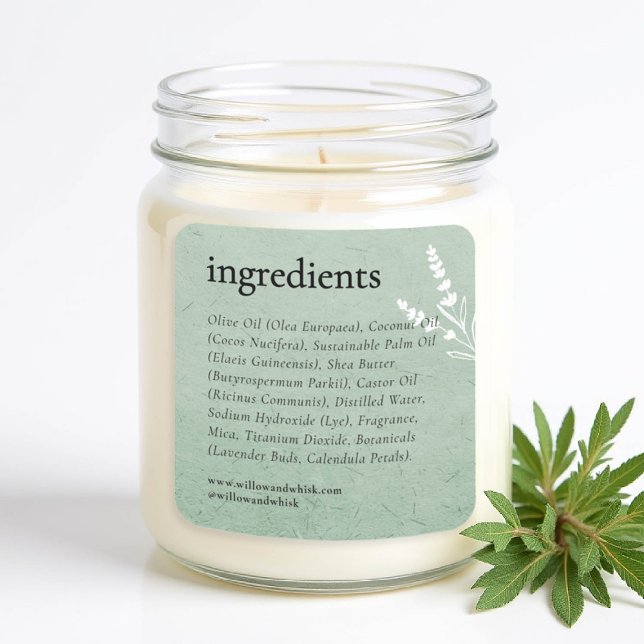 Handmade Arts Candle Produktverpackung Seite Grün Quadratischer Aufkleber (handmade artisanal homemade candle soap label gifting christmas bridal baby shower kraft botanical)