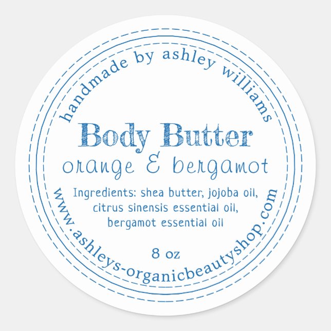 Handmade Body Butter Bio Business Blue Script Runder Aufkleber (Vorderseite)