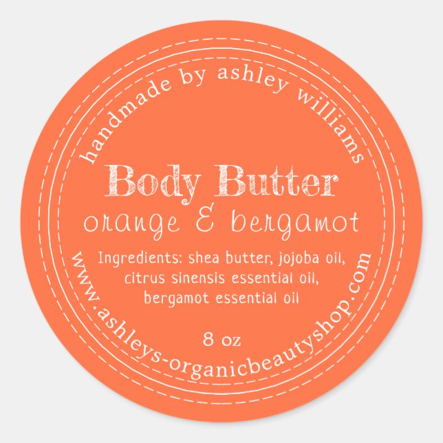 Handmade Body Butter Bio Business Orange Label Runder Aufkleber (Vorderseite)