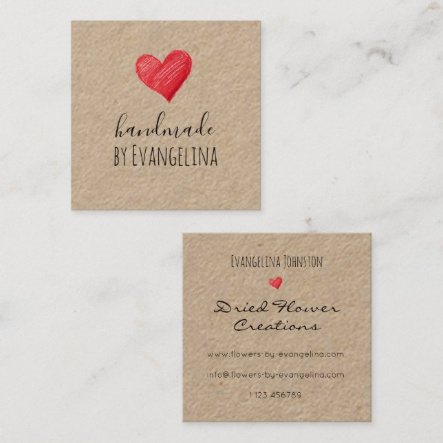 Handmade Business Cards, Red Heart, Custom Quadratische Visitenkarte (Vorne/Hinten)