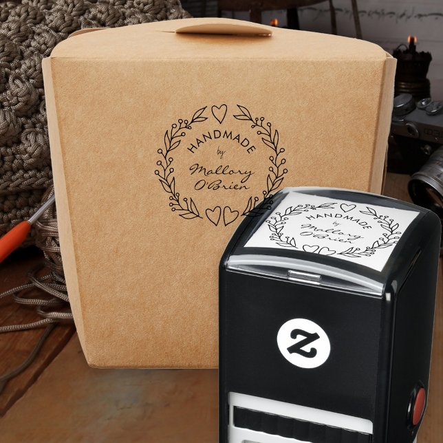 Handmade by Botanical Hearts Doodle Wreath Permastempel (Handmade self-inking signature stamp with line drawn wreath)