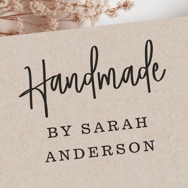Handmade by individuelle Name Moderne handgeschrie Gummistempel (Handmade by custom name modern handwritten script rubber stamp)