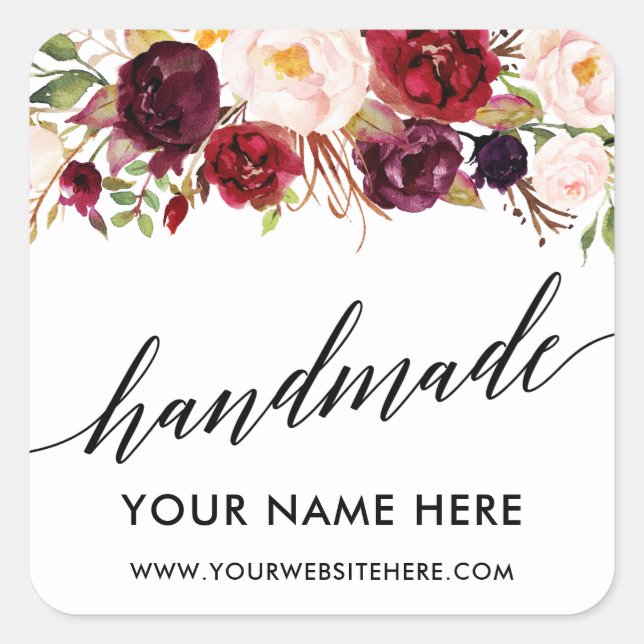 Handmade Calligraphy Burgundy Floral Small Quadratischer Aufkleber (Vorderseite)