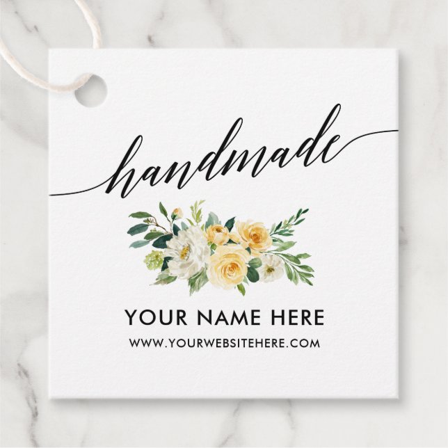 Handmade Calligraphy Script Yellow White Floral Geschenkanhänger (Vorderseite)