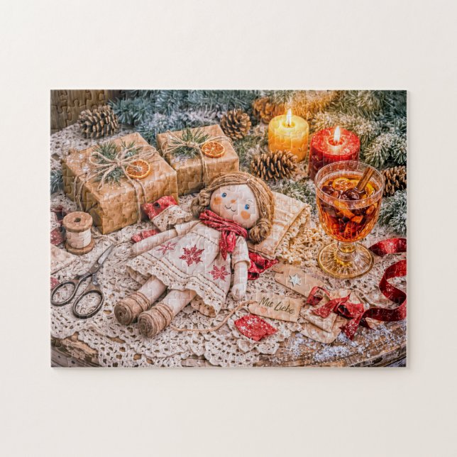 Handmade Cloth Doll with Christmas Gifts and Cozy  Puzzle (Horizontal)