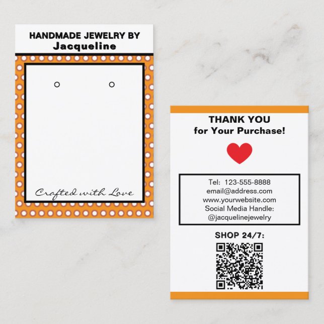 Handmade Earrings Orange White Polka Dots Visitenkarte (Vorne/Hinten)