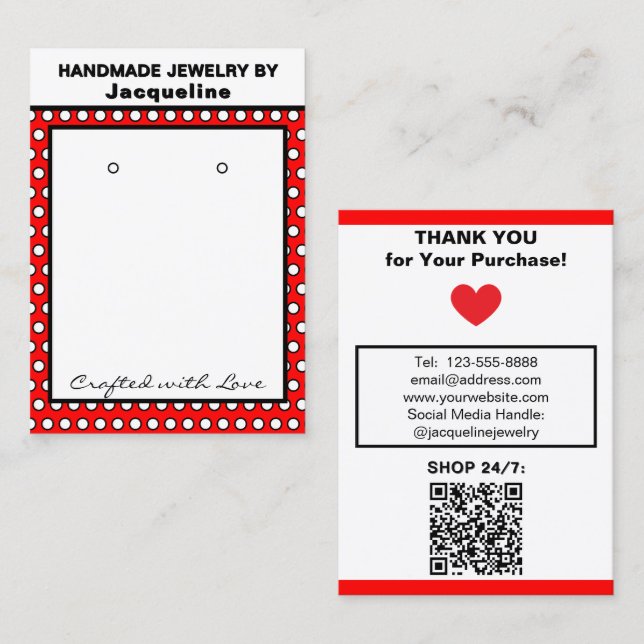 Handmade Earrings Red White Polka Dots Visitenkarte (Vorne/Hinten)