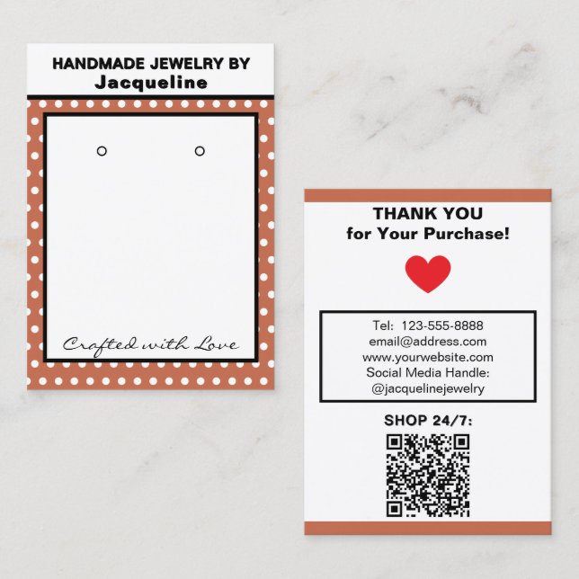 Handmade Earrings Terra Cotta White Polka Dots Visitenkarte (Vorne/Hinten)