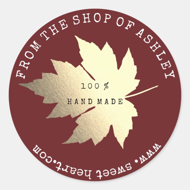 Handmade Logo Name Maple Leaf Web Burgundy Gold Runder Aufkleber (Vorderseite)