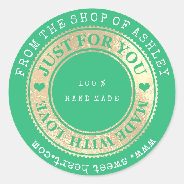 Handmade Logo Name Web Heart Liebe Minze Gold Wow Runder Aufkleber (Vorderseite)