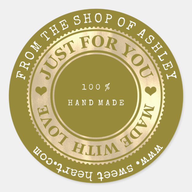 Handmade Logo Name Web Heart Liebe Mustard Gold Runder Aufkleber (Vorderseite)