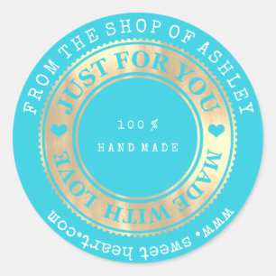 Handmade Logo Name Web Heart Liebe Ocean Blue Gold Runder Aufkleber