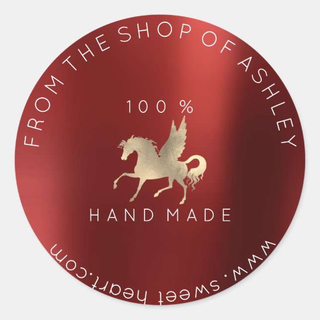 Handmade Logo Name Web Horse Burgundy Gold Runder Aufkleber (Vorderseite)