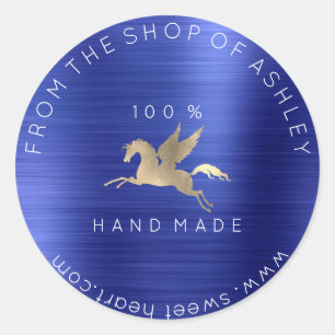 Handmade Logo Name Web Pegasus Cobalt Blue Gold Runder Aufkleber