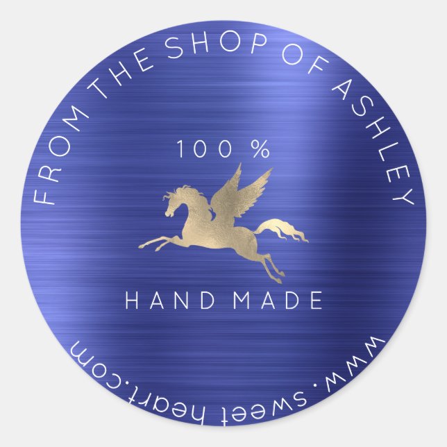Handmade Logo Name Web Pegasus Cobalt Blue Gold Runder Aufkleber (Vorderseite)