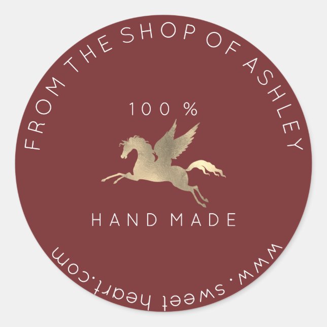 Handmade Logo Name Web Pegasus Pferd Maroon Gold Runder Aufkleber (Vorderseite)