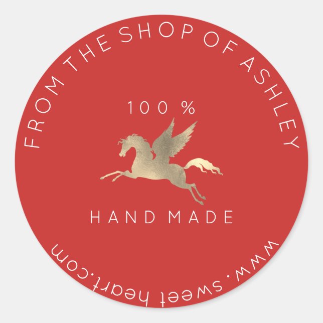 Handmade Logo Name Web Pegasus Pferd Red Gold Runder Aufkleber (Vorderseite)