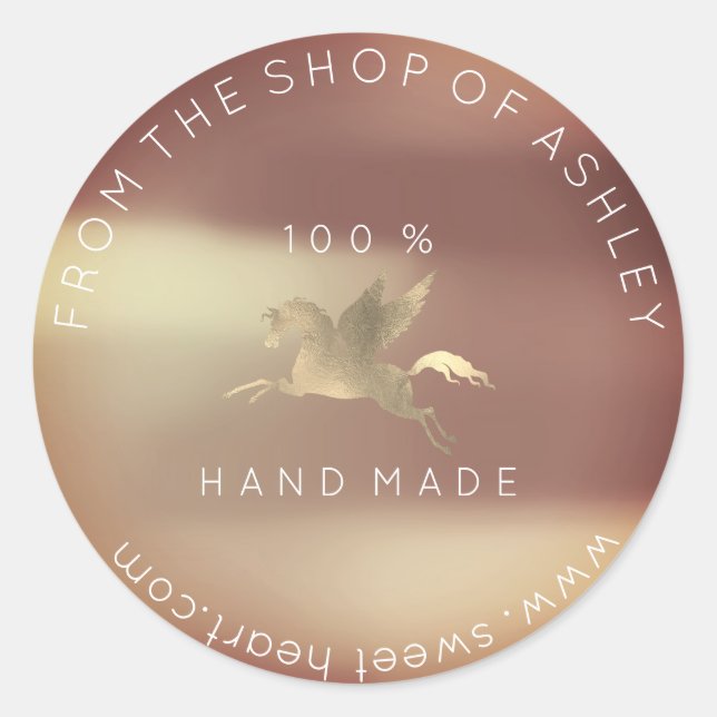 Handmade Logo Name Web Pegasus Rose Kupfer Gold Runder Aufkleber (Vorderseite)