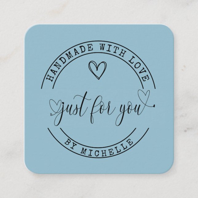 Handmade Mit Liebe-blauem, elegantem Skript Quadratische Visitenkarte (Vorderseite)