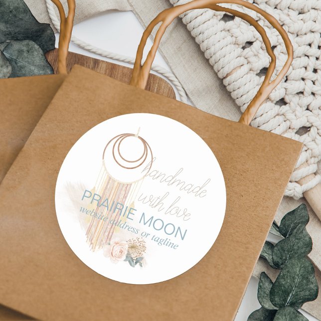 Handmade mit Liebe Boho Macrame Wall Hängend Runder Aufkleber (Handmade with Love small business packaging stickers with boutique boho macrame wallhanging)