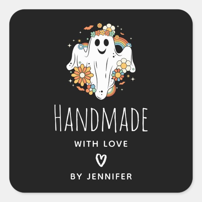 Handmade mit Liebe Happy Ghost Retro Hippie Vibe Quadratischer Aufkleber (Vorderseite)