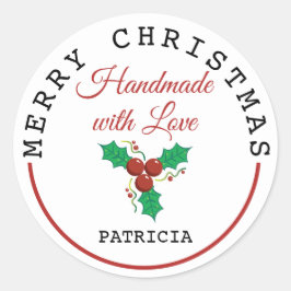 Handmade mit Liebe Holly frohe Weihnachten Runder Aufkleber