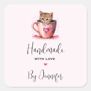 Handmade mit Liebe Kitten in a Teacup with Hearts Quadratischer Aufkleber
