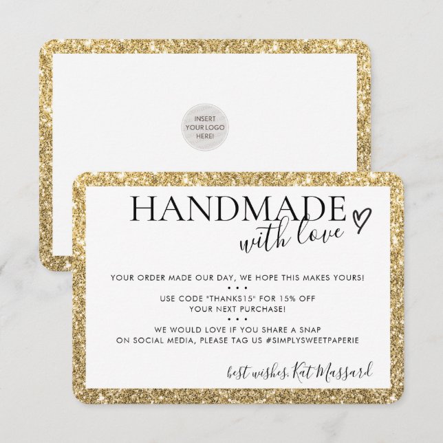 HANDMADE MIT LIEBE Moderne schicke Imitate Gold Gl Dankeskarte (Vorne/Hinten)