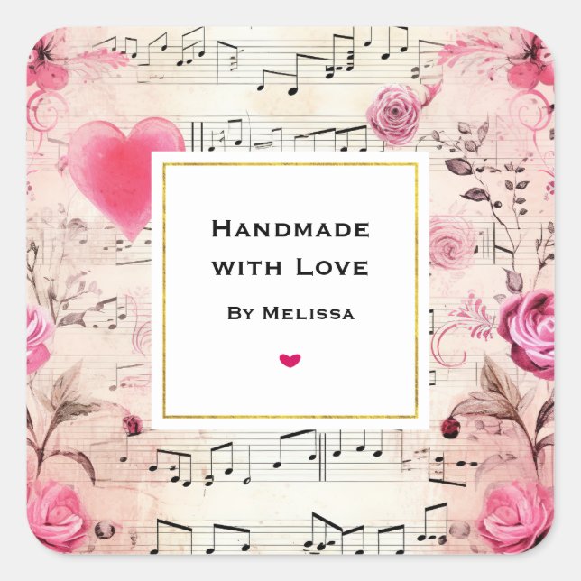 Handmade mit Liebe Musical Notes und Rose Quadratischer Aufkleber (Vorderseite)