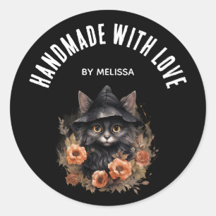 Handmade mit Liebe Niedlich Black Cat in einem Hex Runder Aufkleber