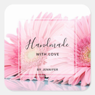 Handmade mit Liebe Pink Gerbera Daisies Quadratischer Aufkleber