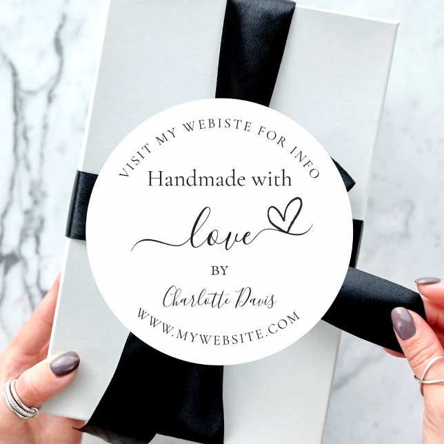 Handmade mit Liebe Schwarz-weiß Name Website Runder Aufkleber (Von Creator hochgeladen)