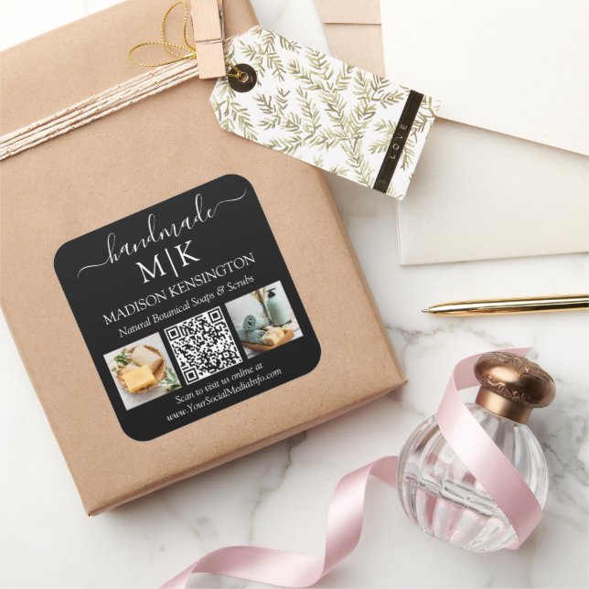 Handmade Monogram oder Add-Logo Business QR 2 Foto Quadratischer Aufkleber (Schenken)